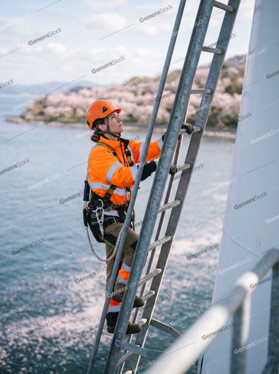 Professional female technician in safety gear climbing an industrial ladder overlooking a coastal landscape with cherry blossoms
