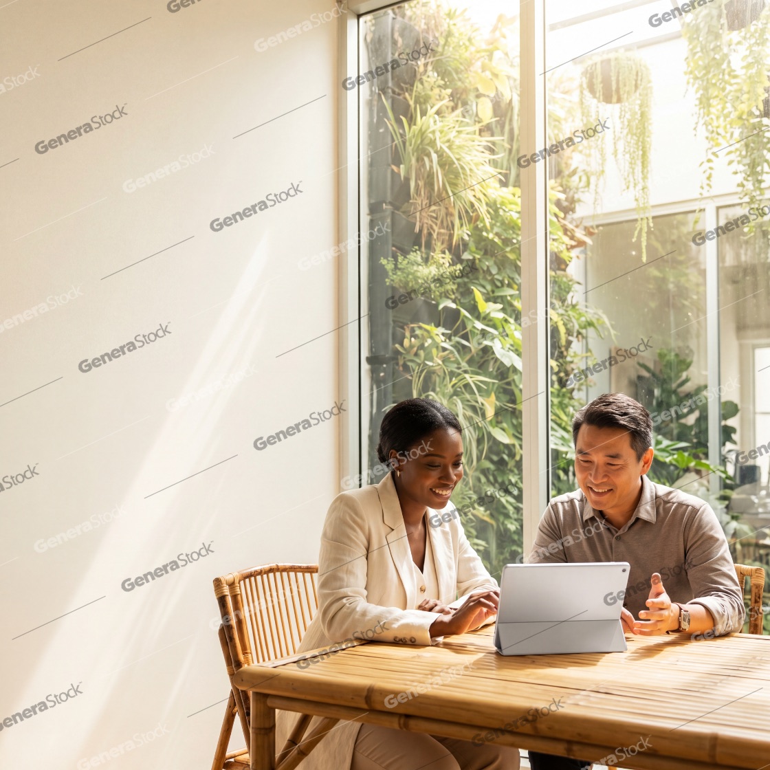 A diverse business team consisting of a Black woman and an Asian man collaborating on a digital project using a tablet in a bright, modern office with a beautiful vertical garden background