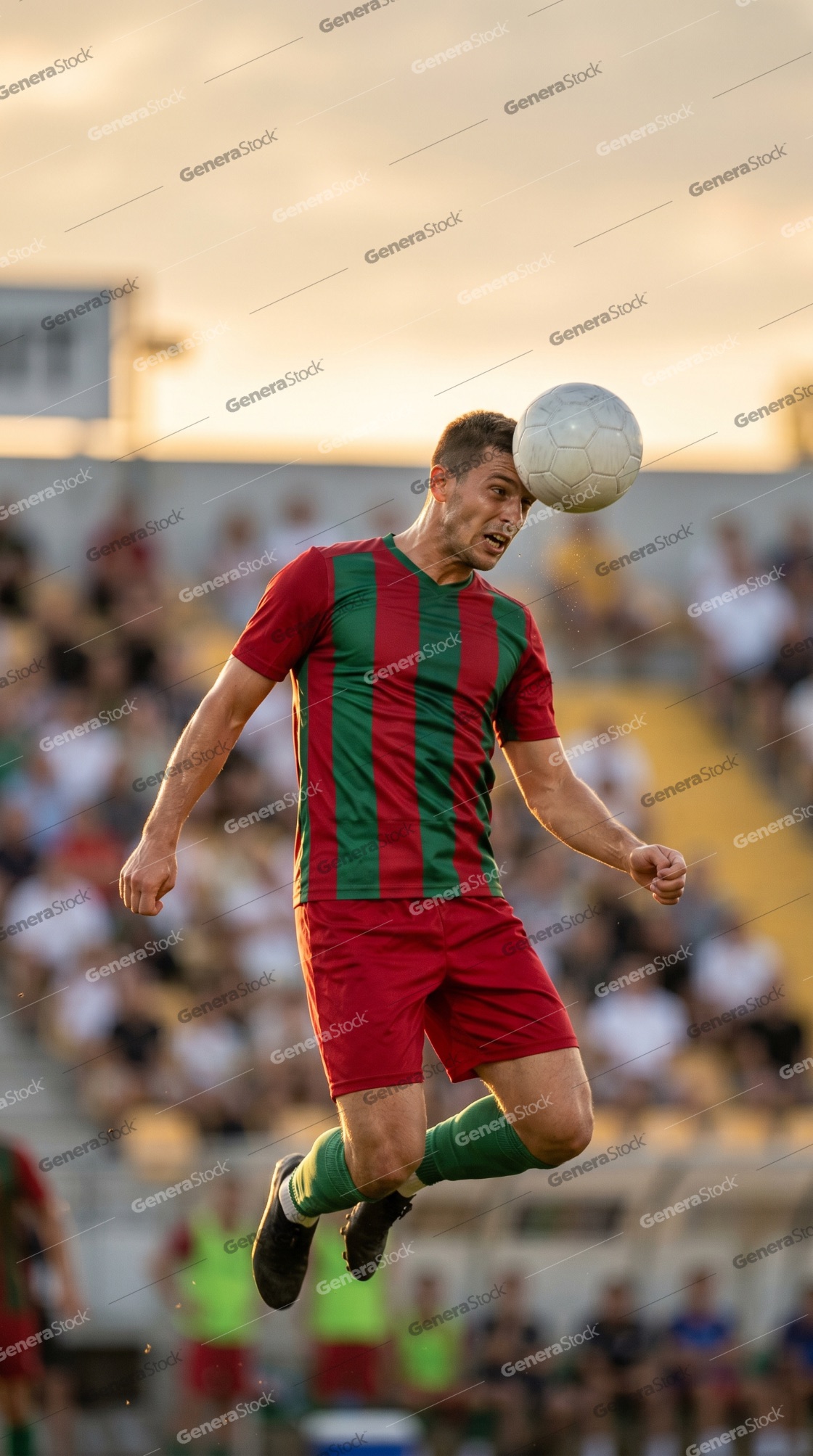 Professional soccer player jumping to head the ball during a competitive match in a stadium at sunset