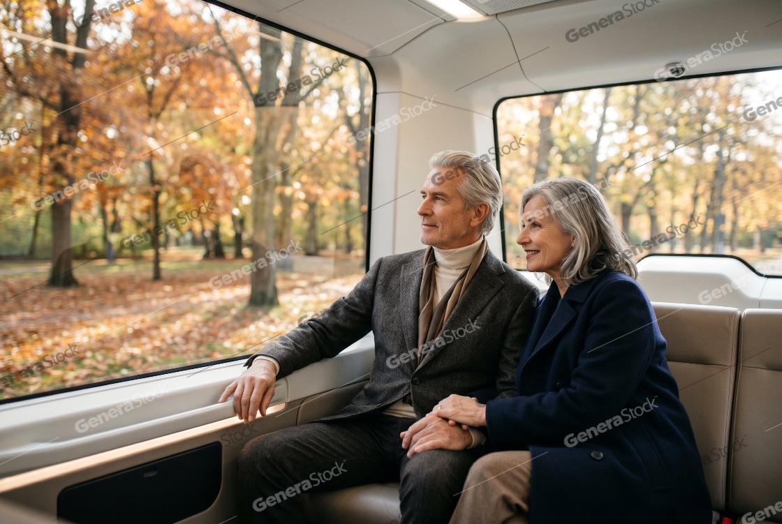 Elegant Senior Couple Traveling in an Autonomous Shuttle Through an Autumn Park