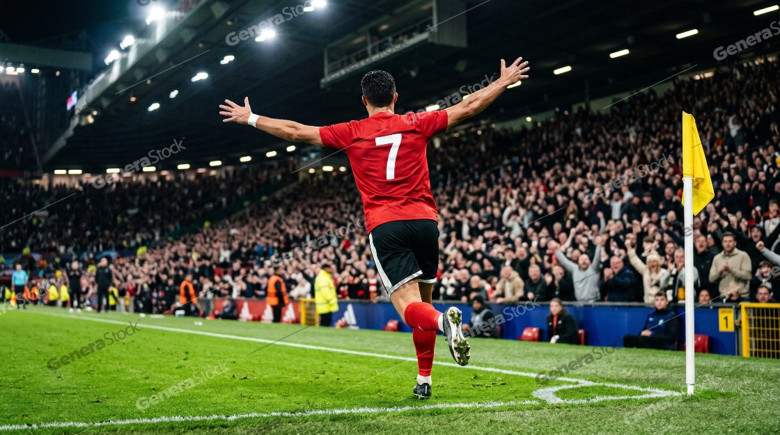 Professional soccer player in red number seven jersey celebrating a goal in a crowded stadium at night