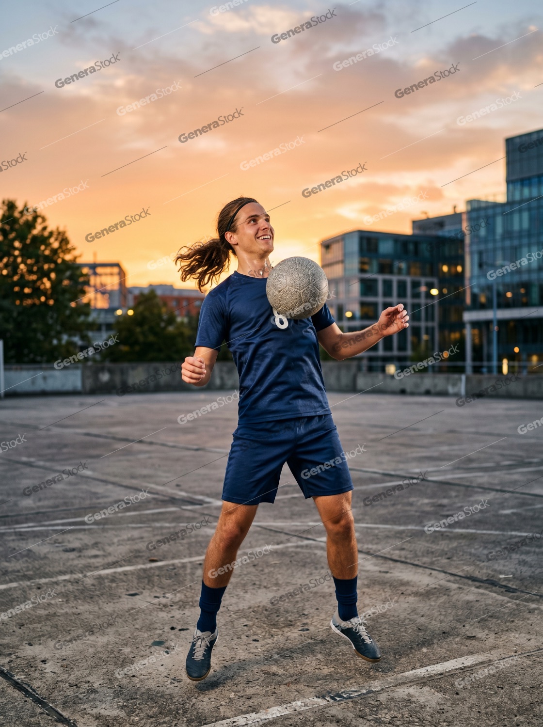 Athletic young man juggling a soccer ball with his chest on an urban rooftop during a golden hour sunset