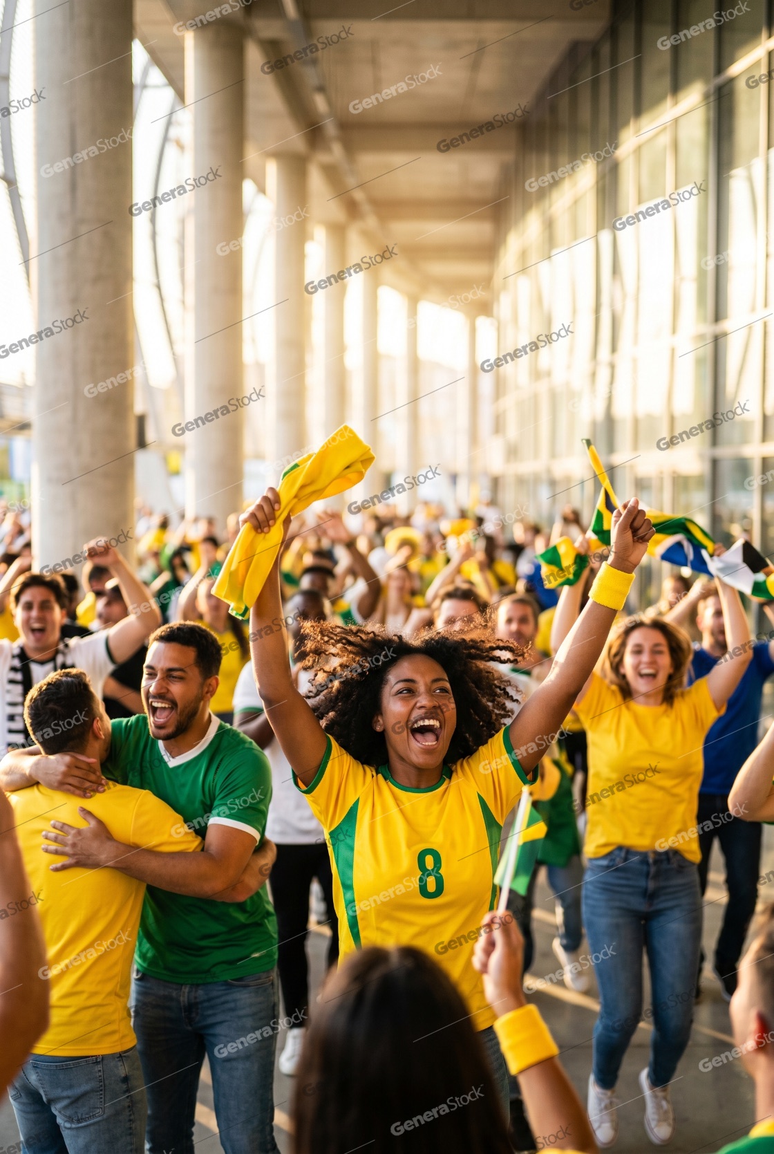 Enthusiastic Brazil Soccer Fans Celebrating Victory Outside a Modern Stadium