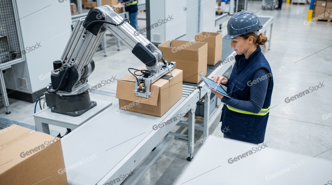 Female engineer using a digital tablet to control a robotic arm in a modern automated warehouse