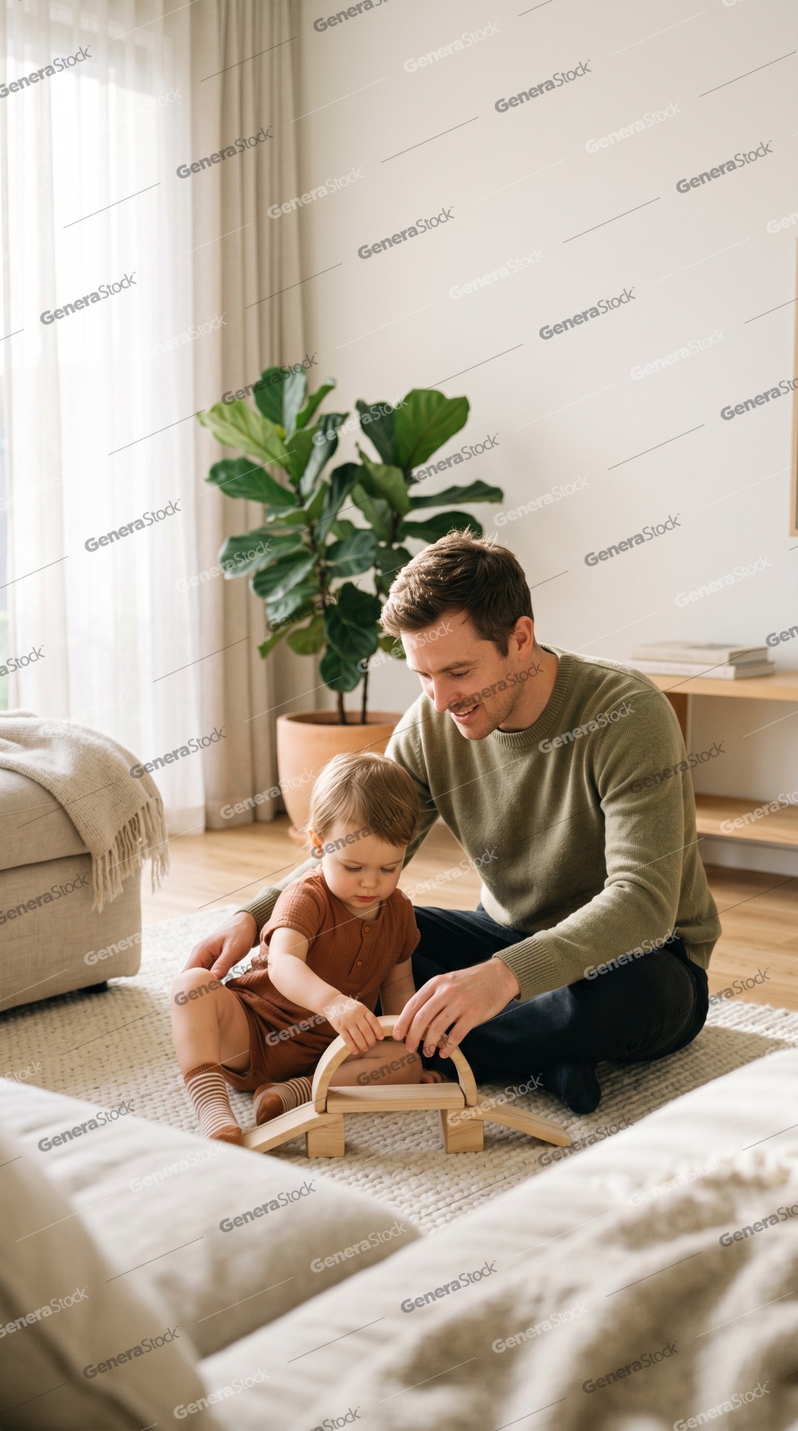 Young father and toddler daughter playing with wooden toys on the floor of a bright living room