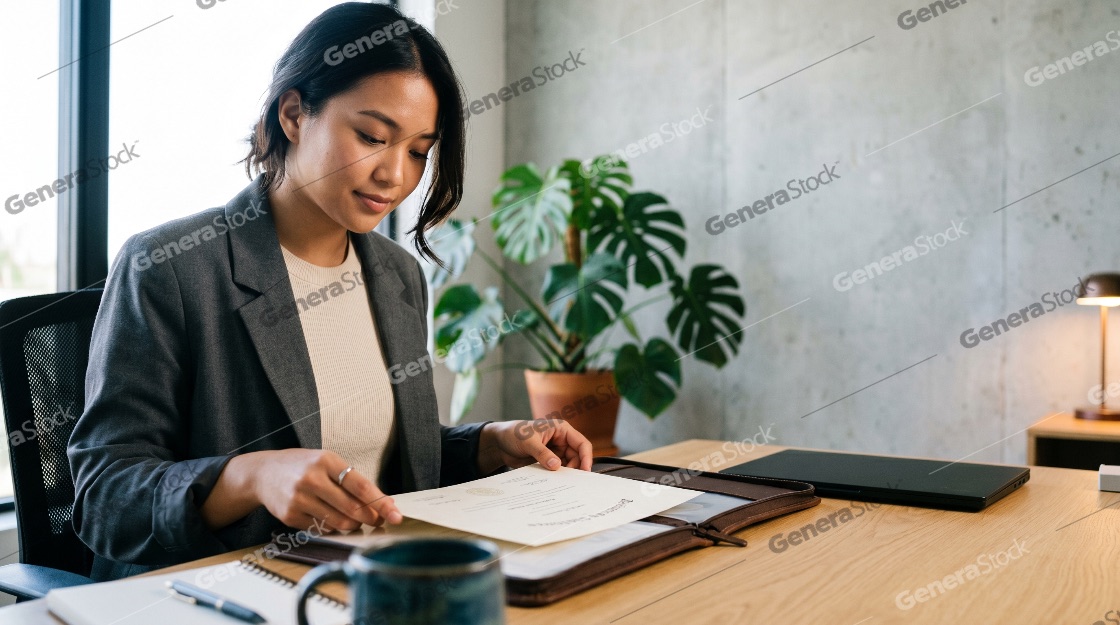 Professional young Asian woman reviewing a certificate or diploma in a modern office setting