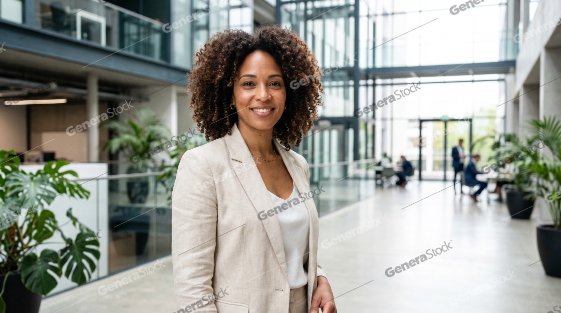 Portrait of a confident and smiling African American businesswoman standing in a modern, bright corporate office lobby with indoor plants and colleagues in the background
