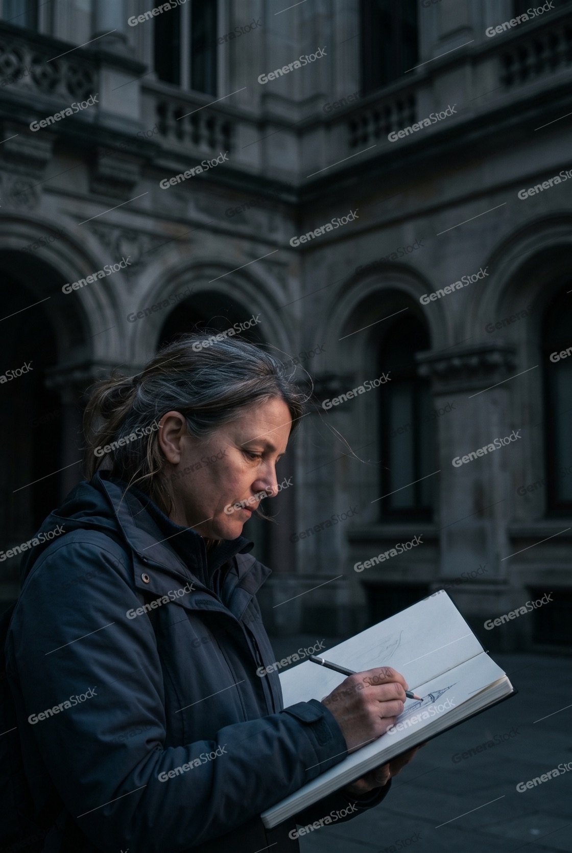 Mature woman artist sketching historic architecture in a notebook outdoors at dusk