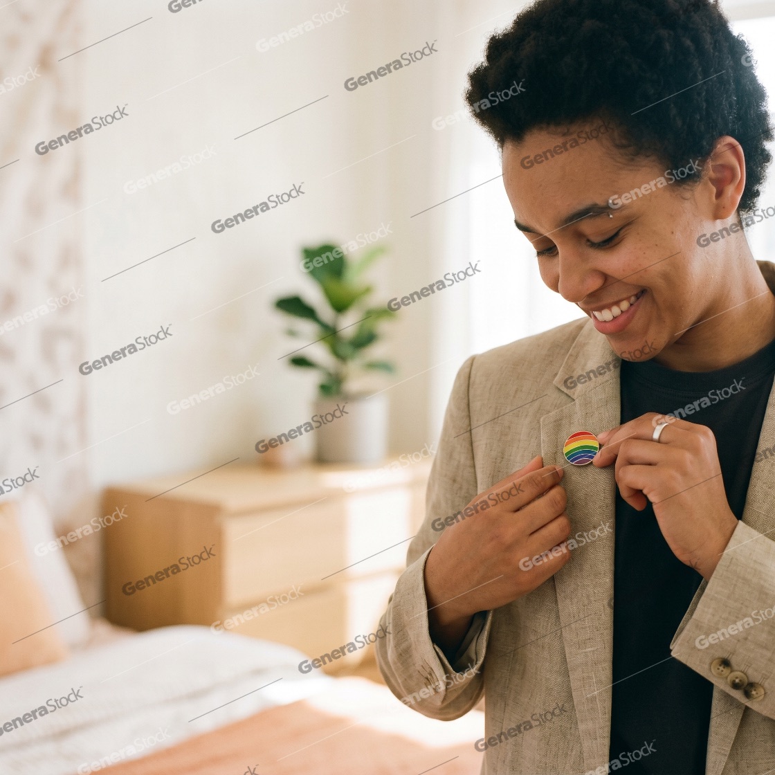 Smiling Young Person Attaching a Rainbow Pride Pin to Their Blazer Lapel