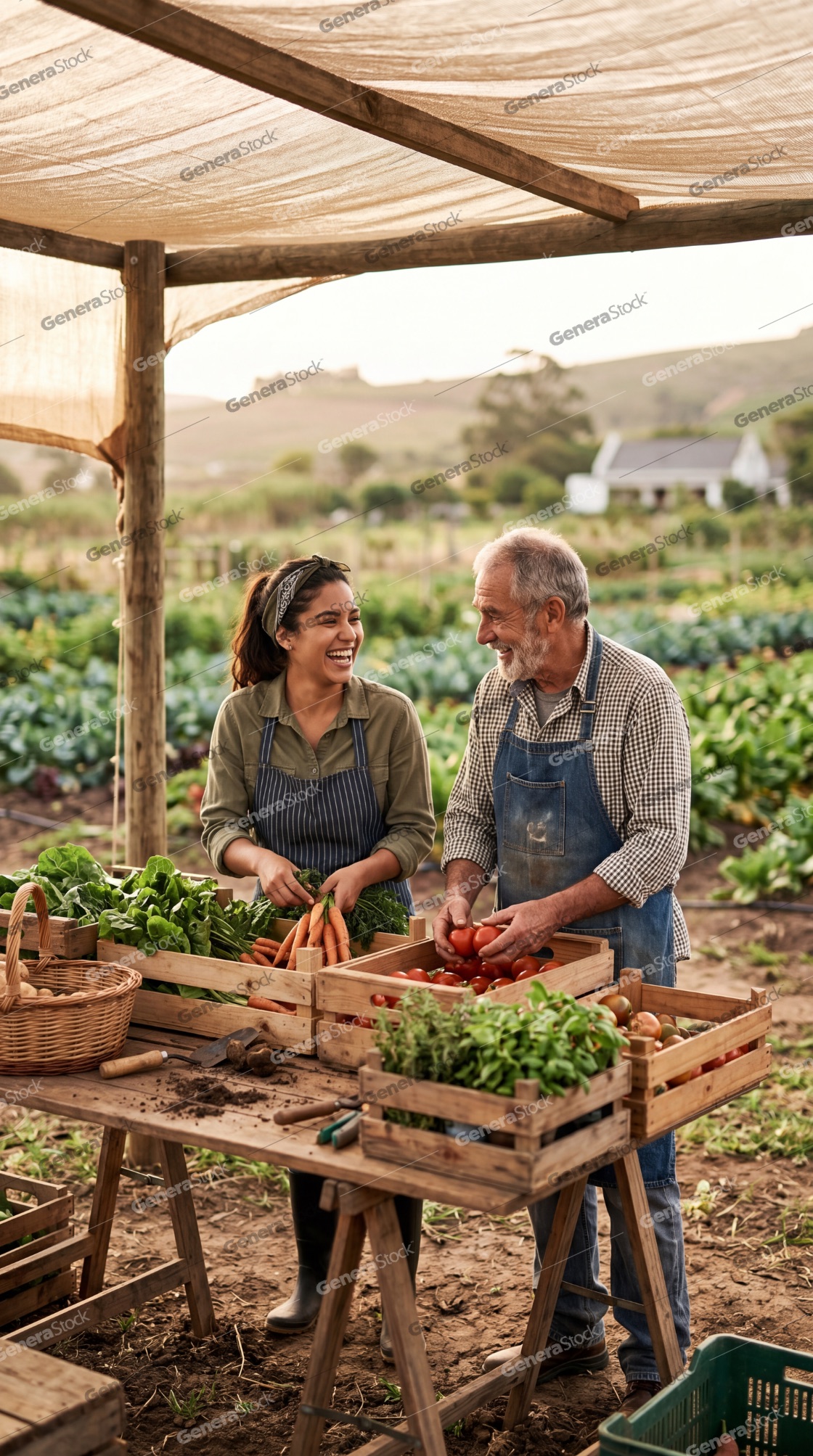 Happy senior man and young woman farmers sorting organic vegetables in wooden crates at a local farm market