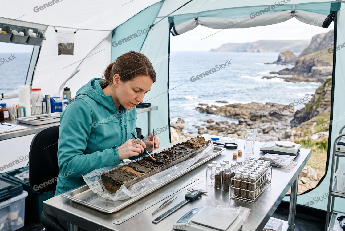 Professional female scientist carefully analyzing a soil core sa