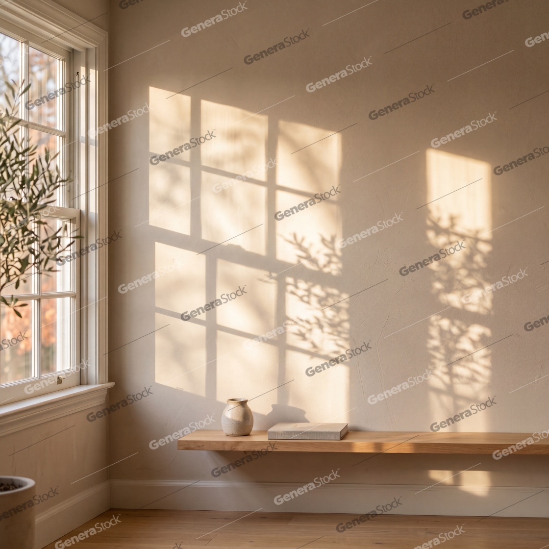 Warm Golden Hour Sunlight Casting Window Shadows on a Minimalist Wall with Wooden Shelf