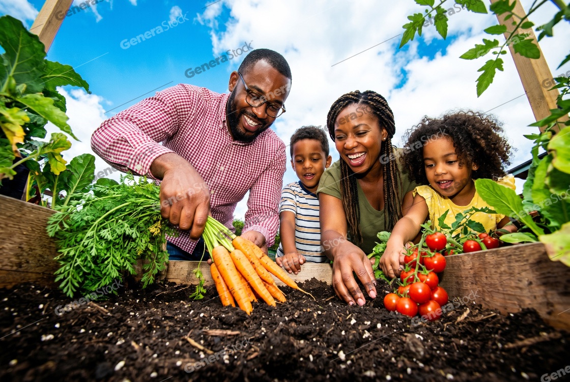 Happy African American family harvesting fresh carrots and tomatoes in a backyard garden