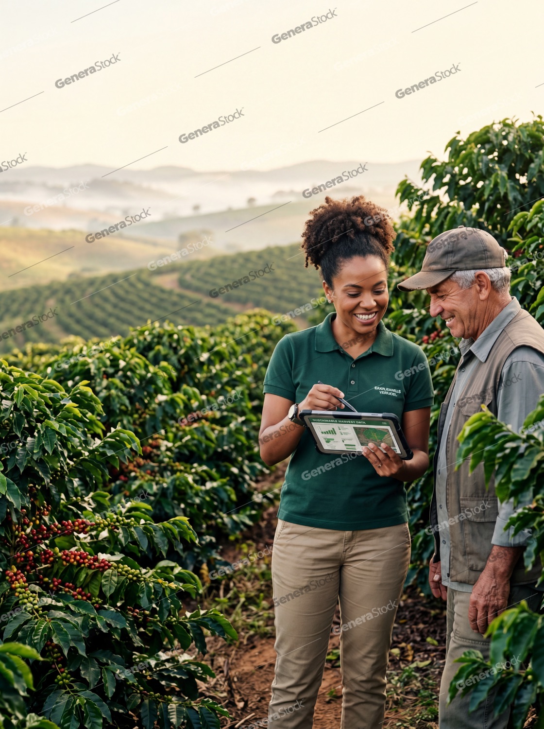 Female agricultural expert showing digital harvest data on a tablet to a senior farmer in a coffee plantation at sunrise