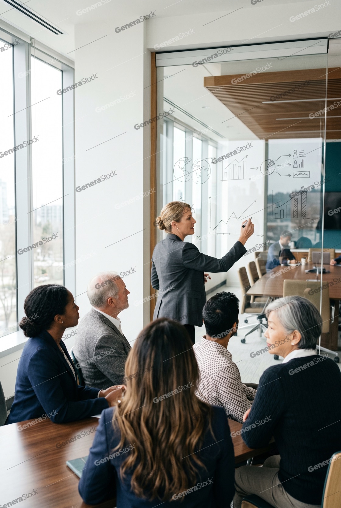 Professional businesswoman presenting financial data and charts on a glass wall to a diverse team in a modern office meeting room