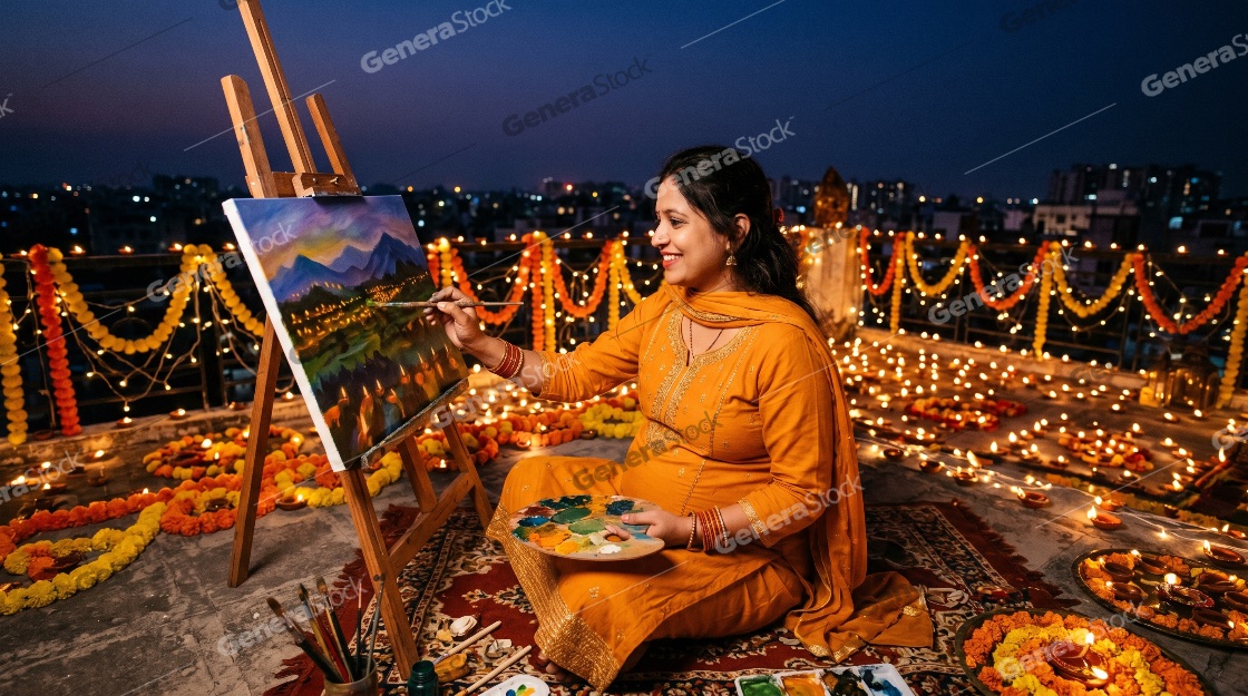 Smiling Indian Woman Painting on Rooftop Decorated with Diyas for Diwali Festival