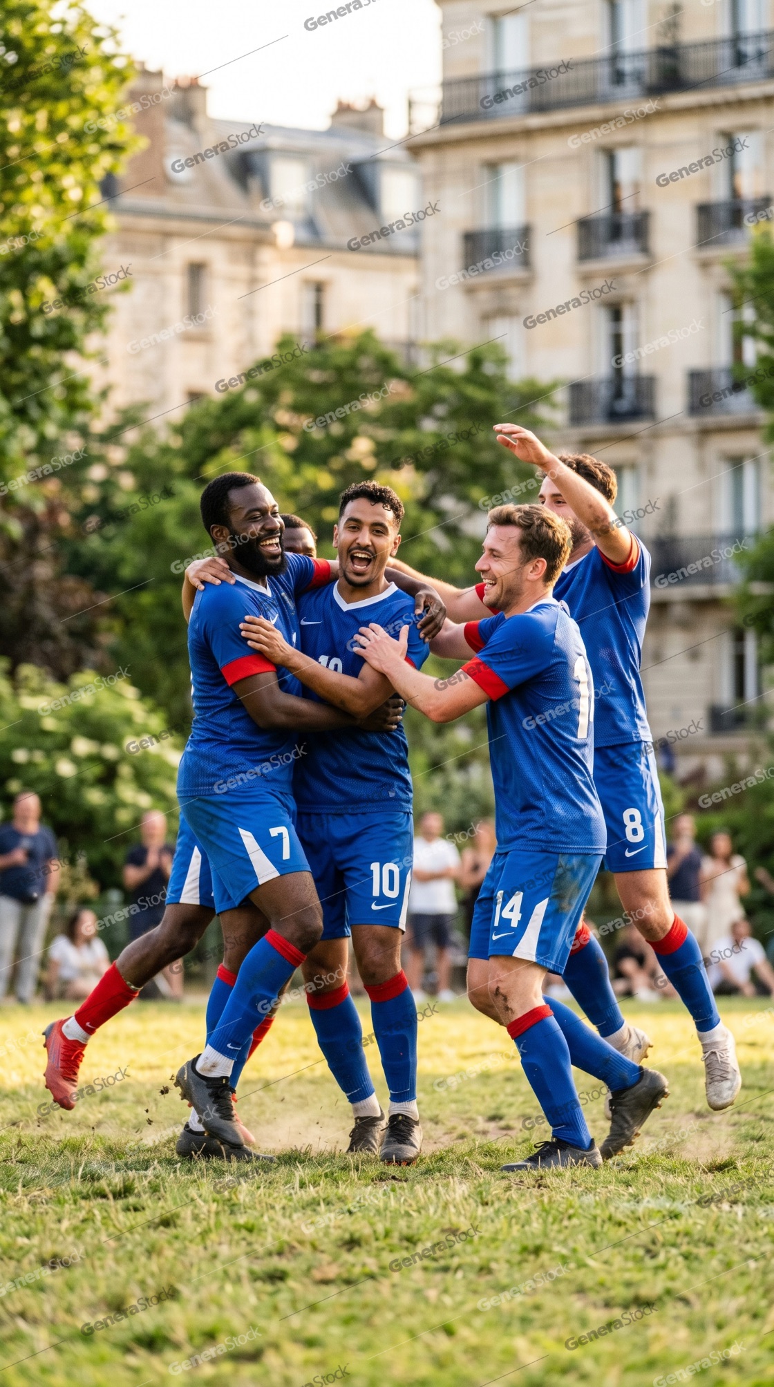 Diverse group of male soccer players in blue uniforms celebrating a victory on a grass field in an urban park setting