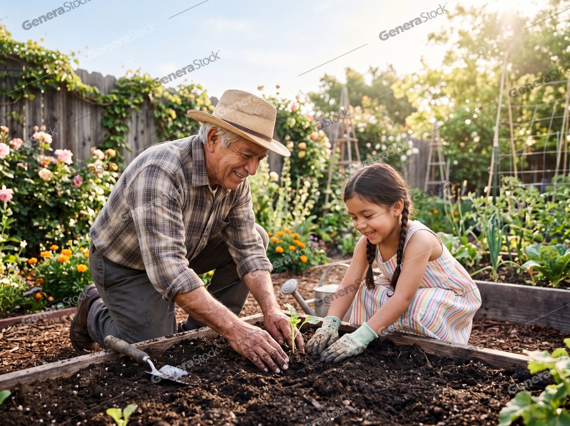 Happy grandfather and granddaughter planting a seedling together in a sunny backyard garden
