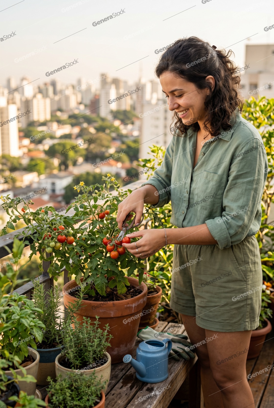 Smiling young woman harvesting fresh organic cherry tomatoes from a potted plant in her urban balcony garden with a city skyline background