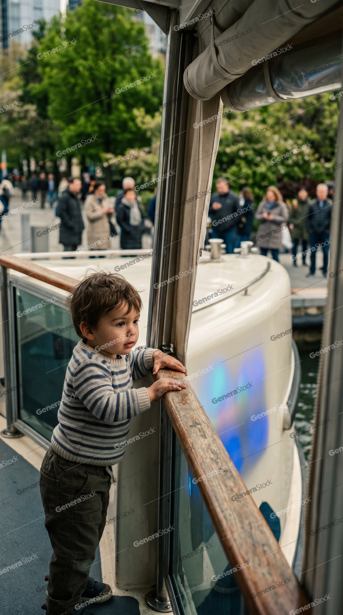 Young Boy in Striped Sweater Looking Out from a Boat at a City Dock