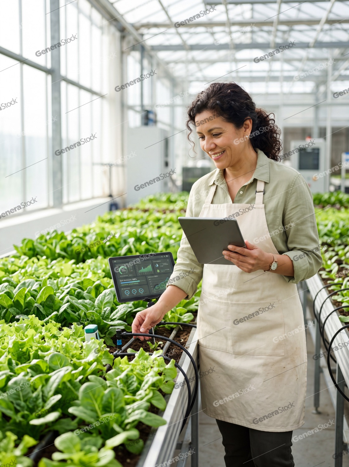 Female farmer using a digital tablet to monitor plant growth and irrigation data in a modern high-tech greenhouse