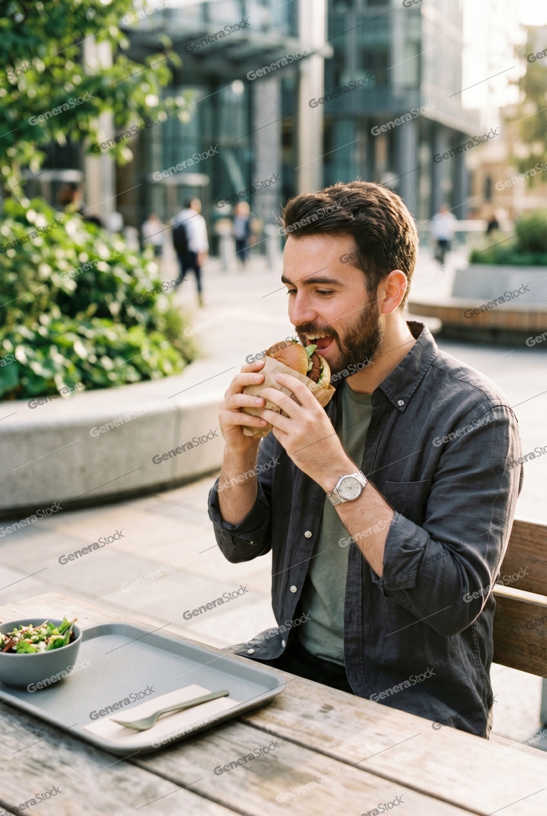 Young Bearded Man Enjoying a Delicious Burger at an Outdoor City Cafe