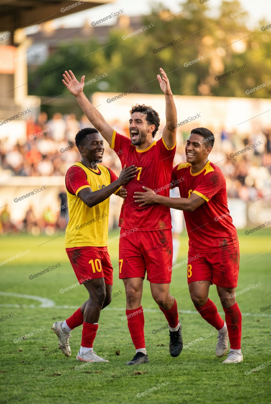 Joyful diverse soccer players celebrating a goal victory on the field during a professional match at sunset