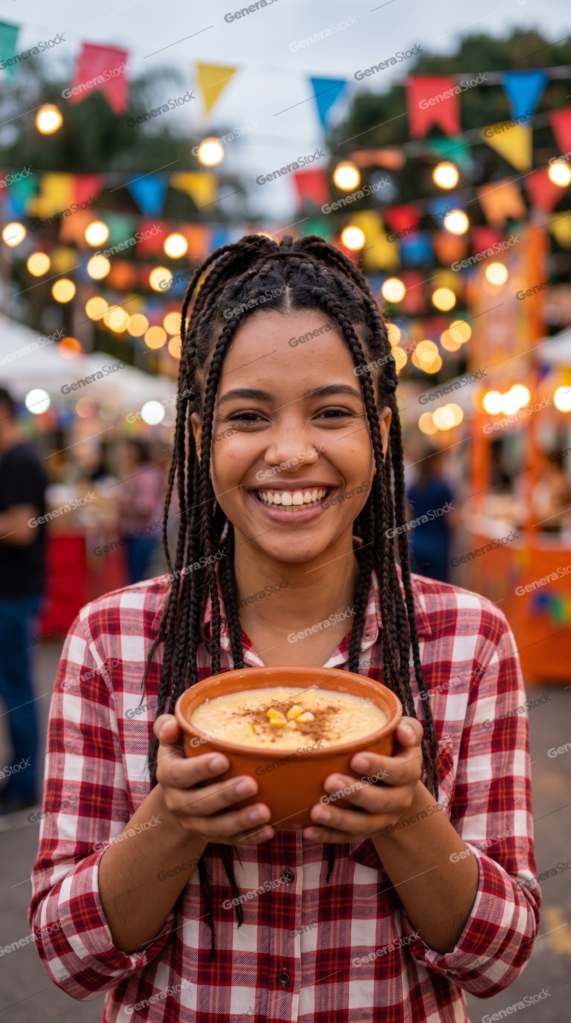 Happy Young Woman Holding a Bowl of Traditional Canjica at a Festa Junina Festival