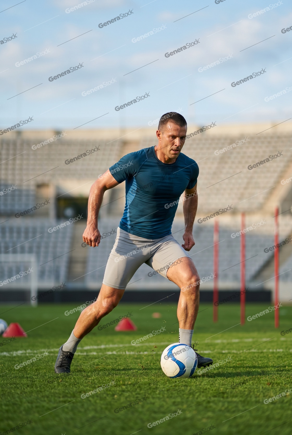 Professional Athletic Man Dribbling Soccer Ball on Green Field in Stadium