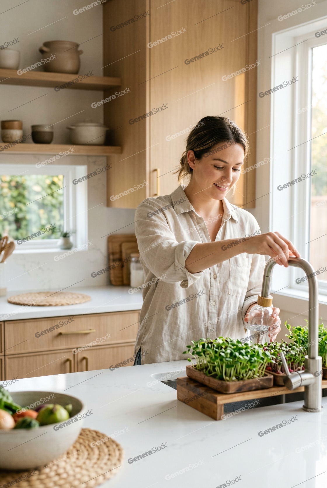 Smiling young woman filling a reusable glass bottle from a kitchen faucet in a bright, modern kitchen with fresh microgreens