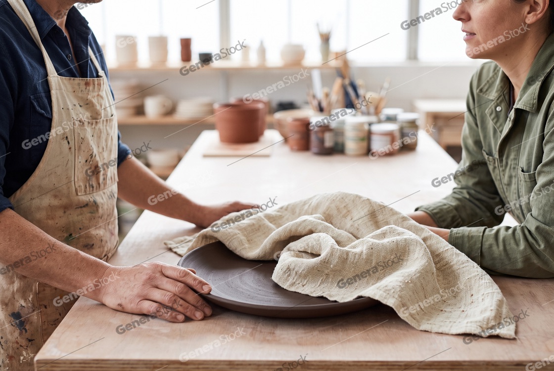 Two artisans standing at a wooden table in a pottery studio disc