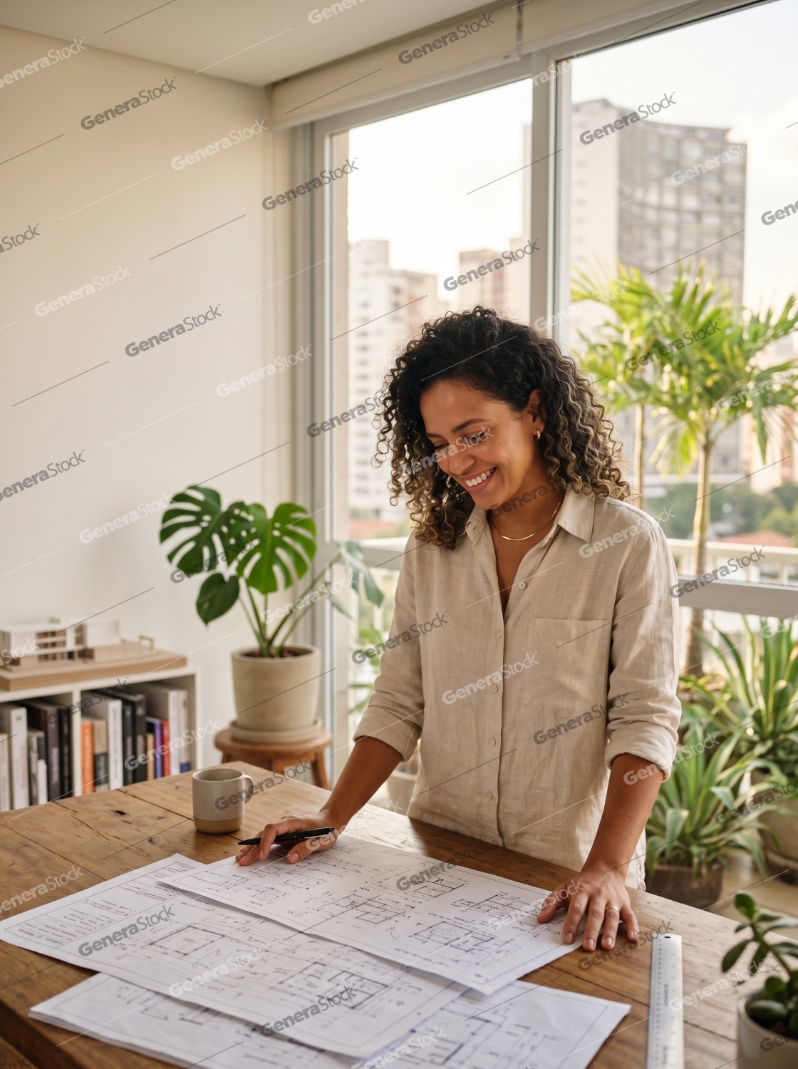 Smiling female architect working on blueprints in her bright home office with city view