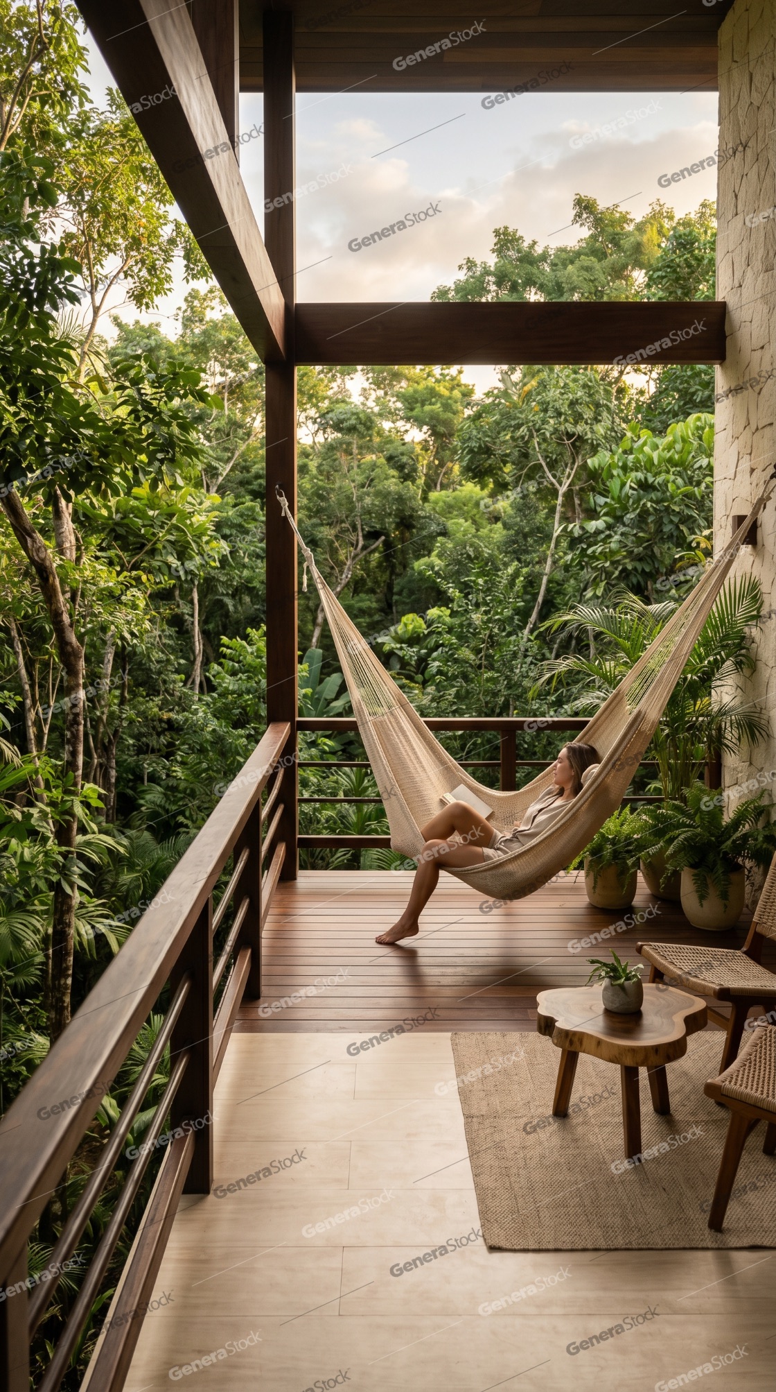 Woman relaxing in a hammock on a luxury wooden balcony overlooking a lush tropical jungle