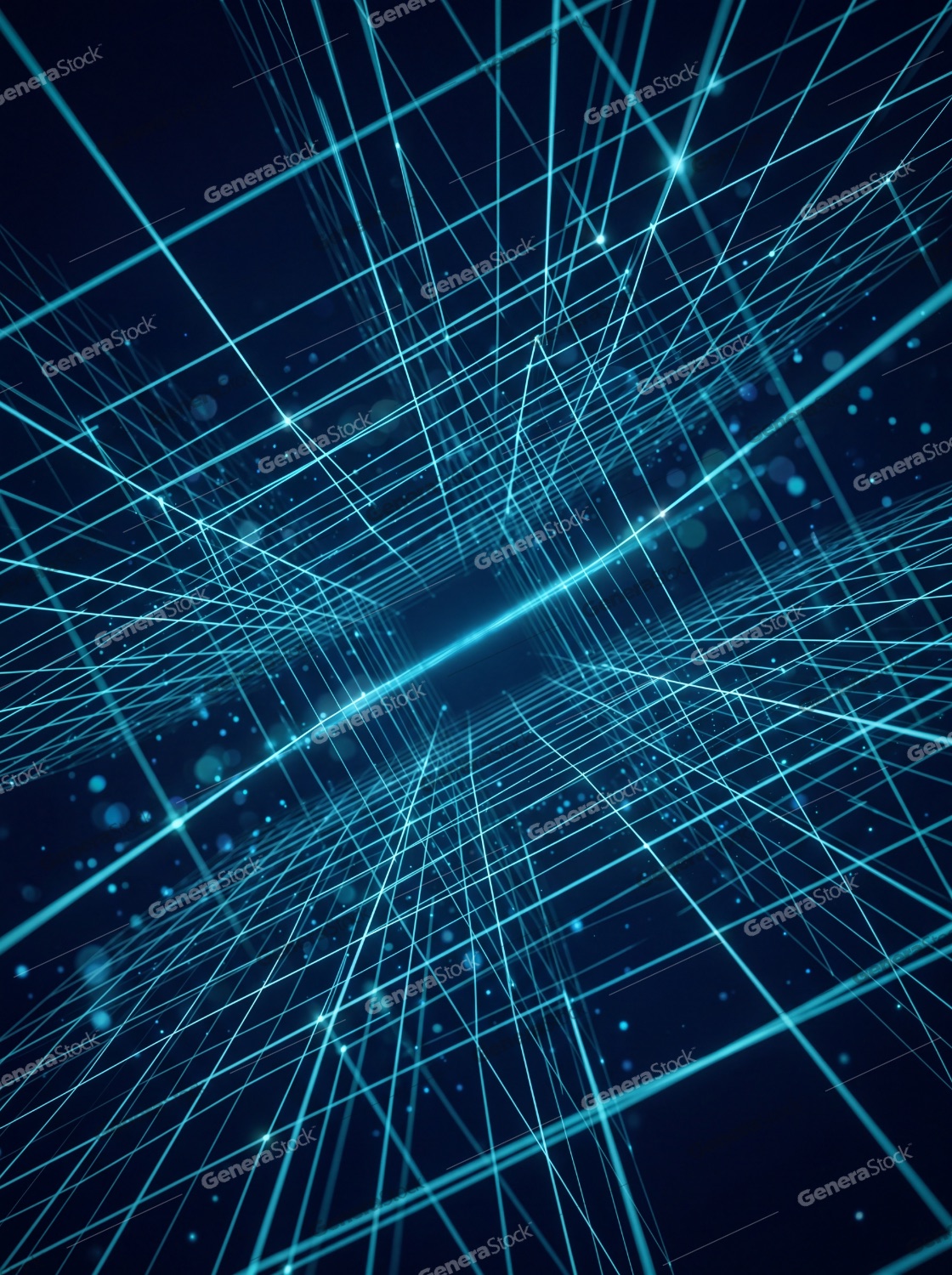 Abstract blue digital grid background with futuristic perspective lines and glowing particles representing technology and data