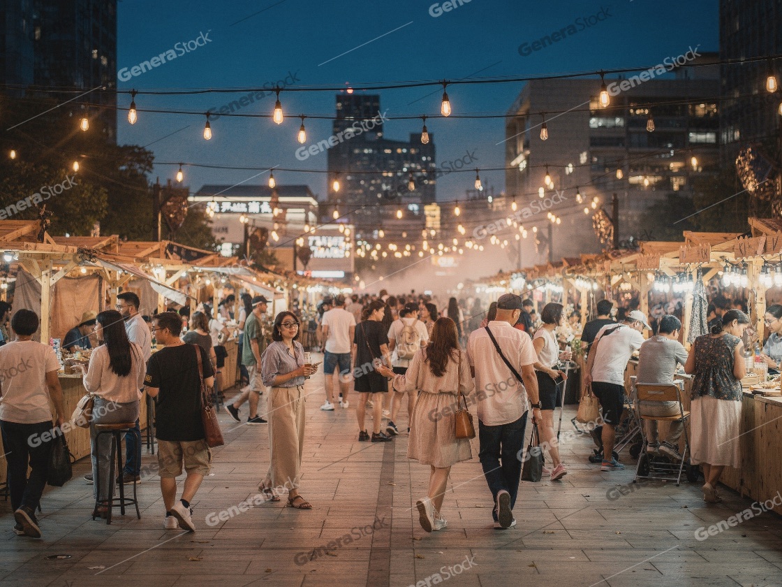 People walking through a vibrant outdoor night market with woode