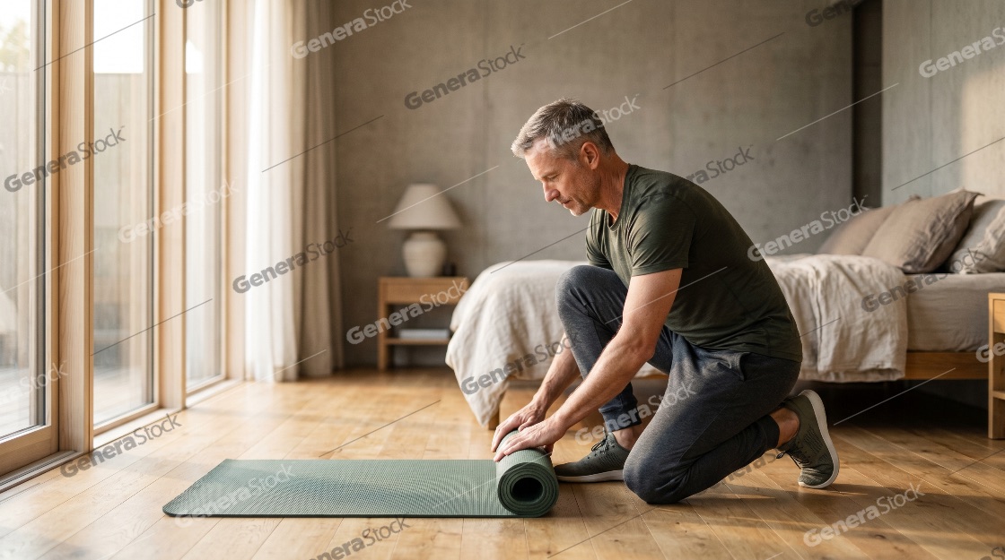 Mature man preparing for morning exercise by rolling out a green yoga mat on a wooden floor in a modern bedroom