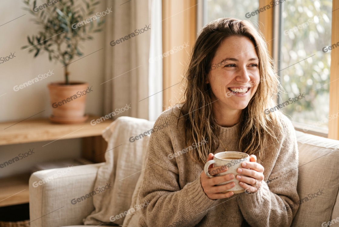 Happy young woman sitting on a sofa and laughing while holding a cup of coffee in a cozy living room