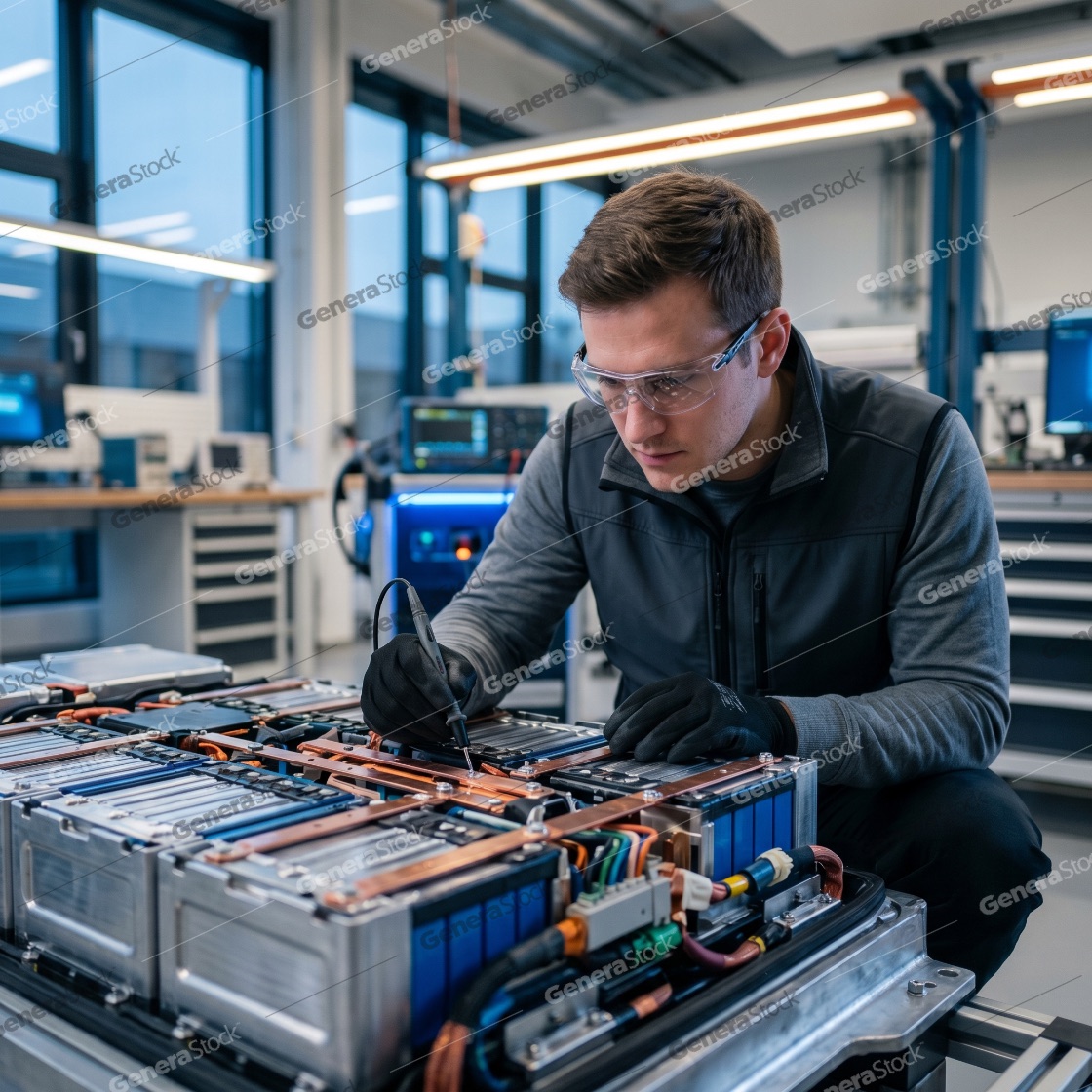 Professional Engineer Testing Electric Vehicle Battery Pack in Modern Laboratory