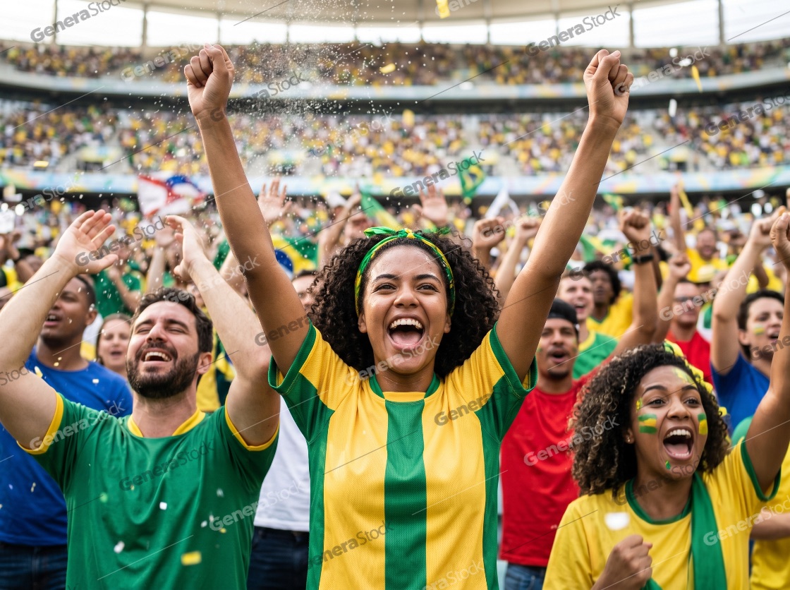 Enthusiastic Brazilian Soccer Fans Celebrating Victory in a Crowded Stadium with Arms Raised