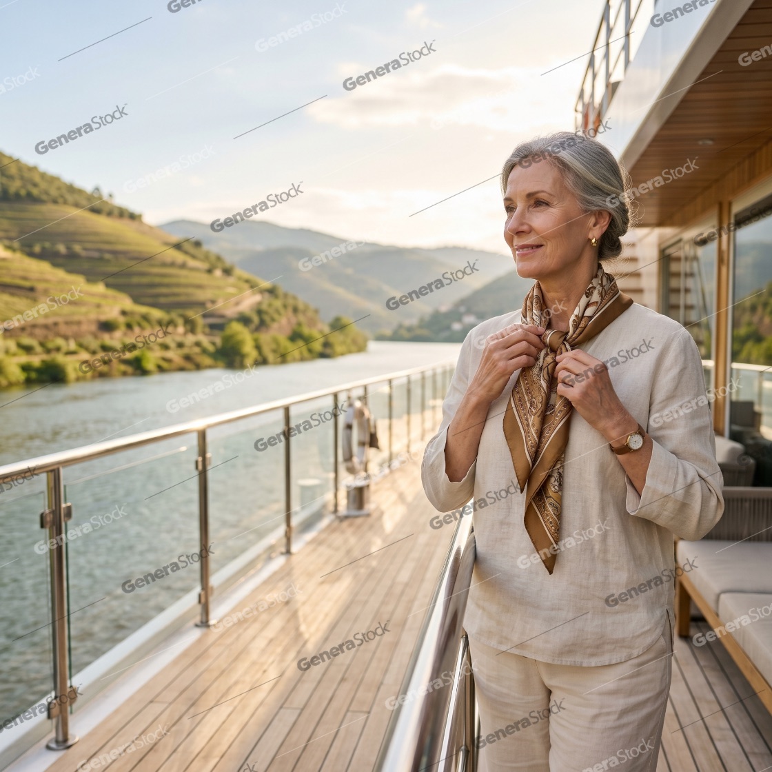 Elegant Senior Woman Enjoying a Scenic River Cruise in a Vineyard Valley at Sunset