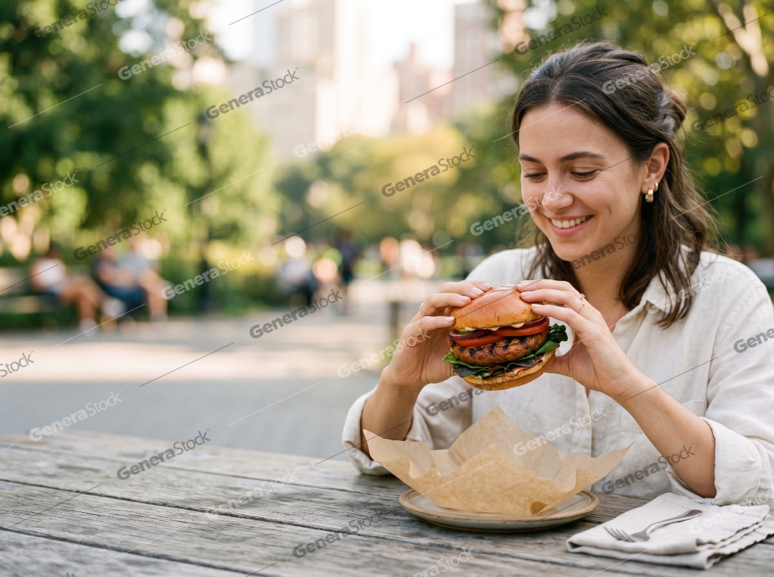 Happy young woman enjoying a delicious burger at an outdoor park table