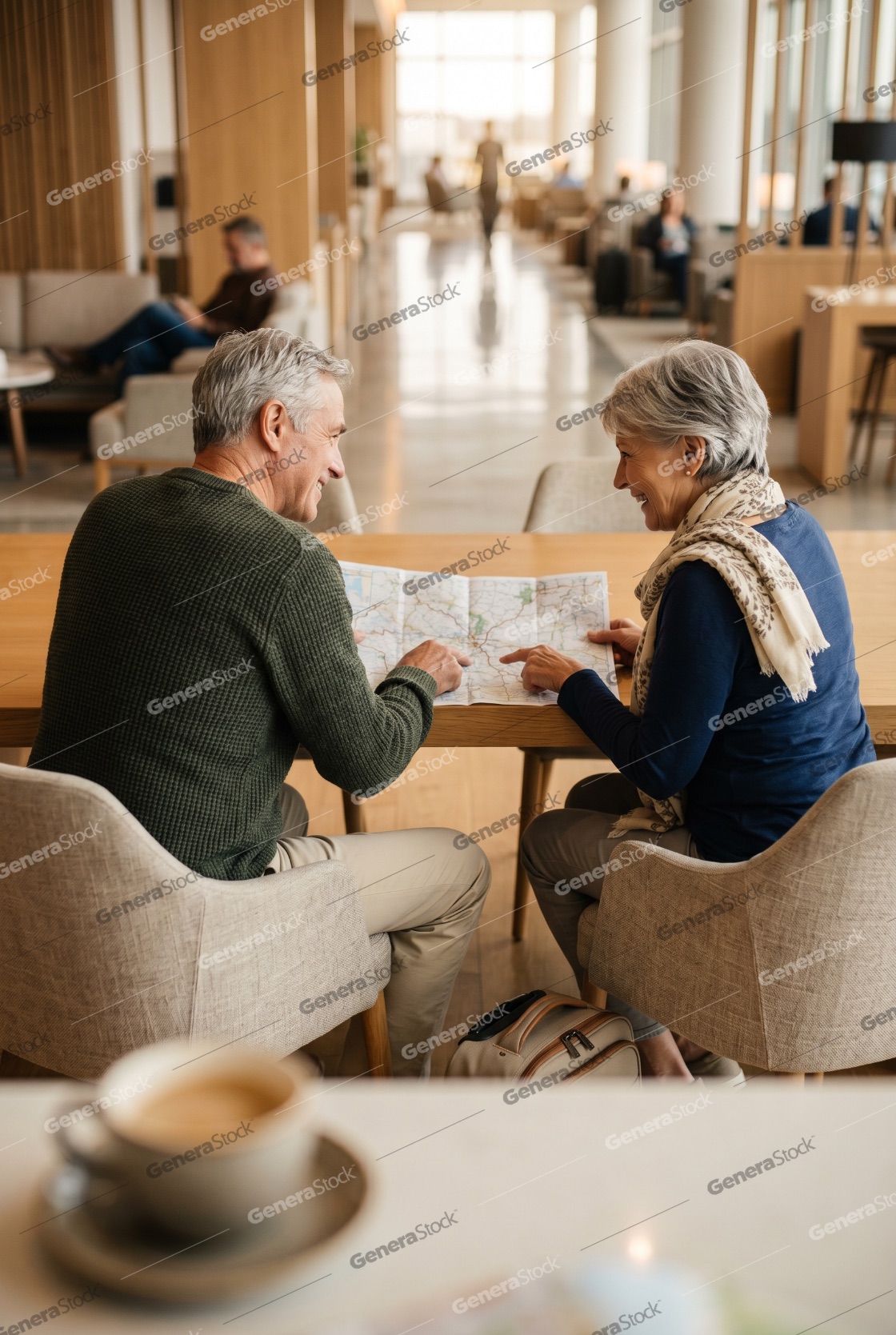 Happy Senior Couple Planning Their Vacation with a Map in a Modern Airport Lounge