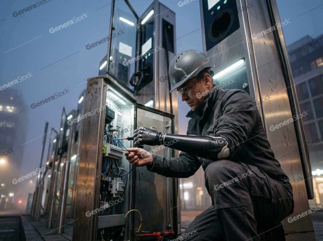 Male technician with a prosthetic arm repairing an electric vehicle charging station in an urban setting
