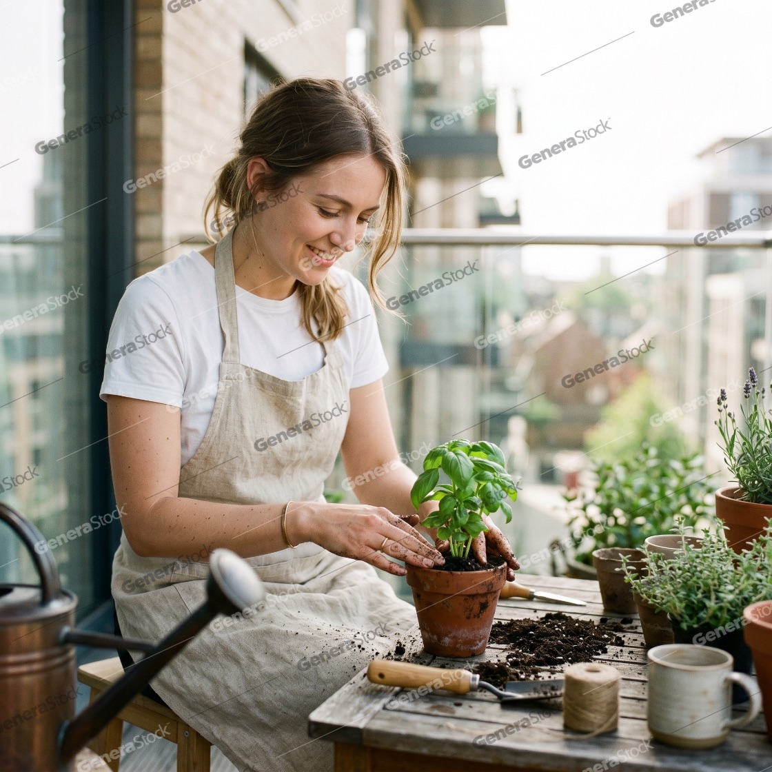 Young woman smiling while potting a basil plant in a terracotta pot on a city balcony garden