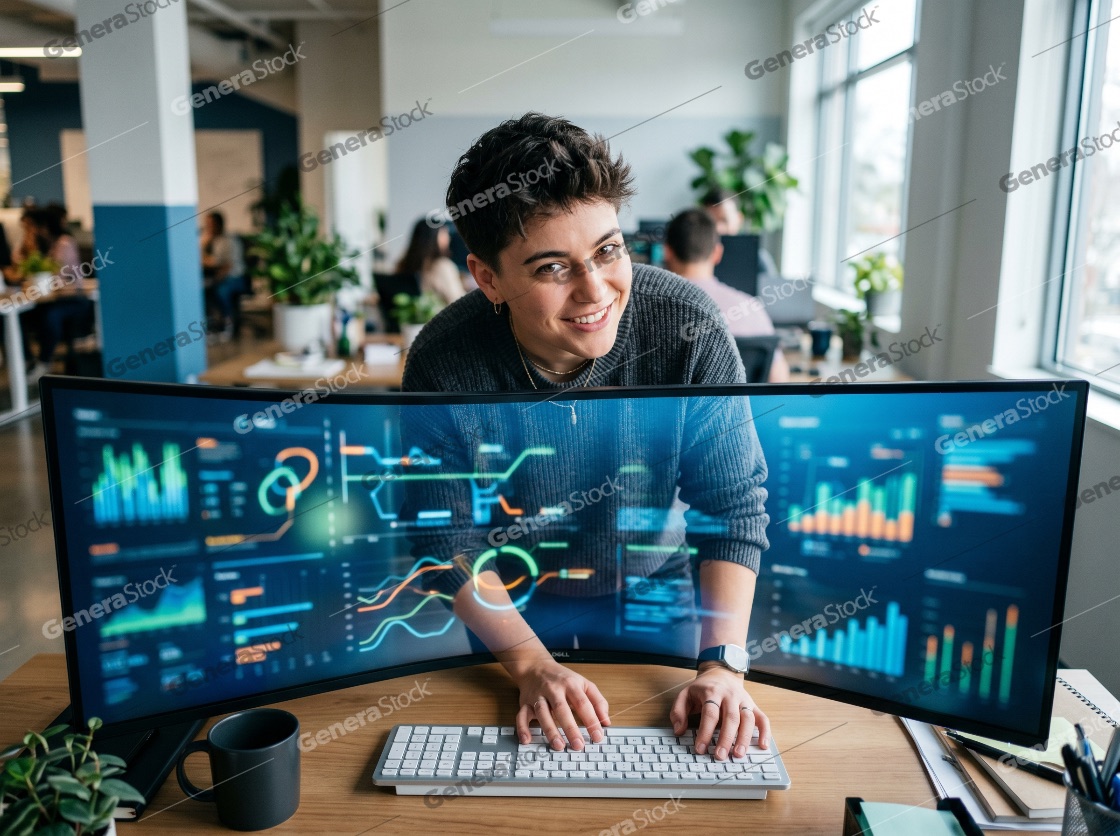 Smiling Young Female Data Analyst Working with Complex Financial Charts on a Large Curved Monitor in a Modern Office