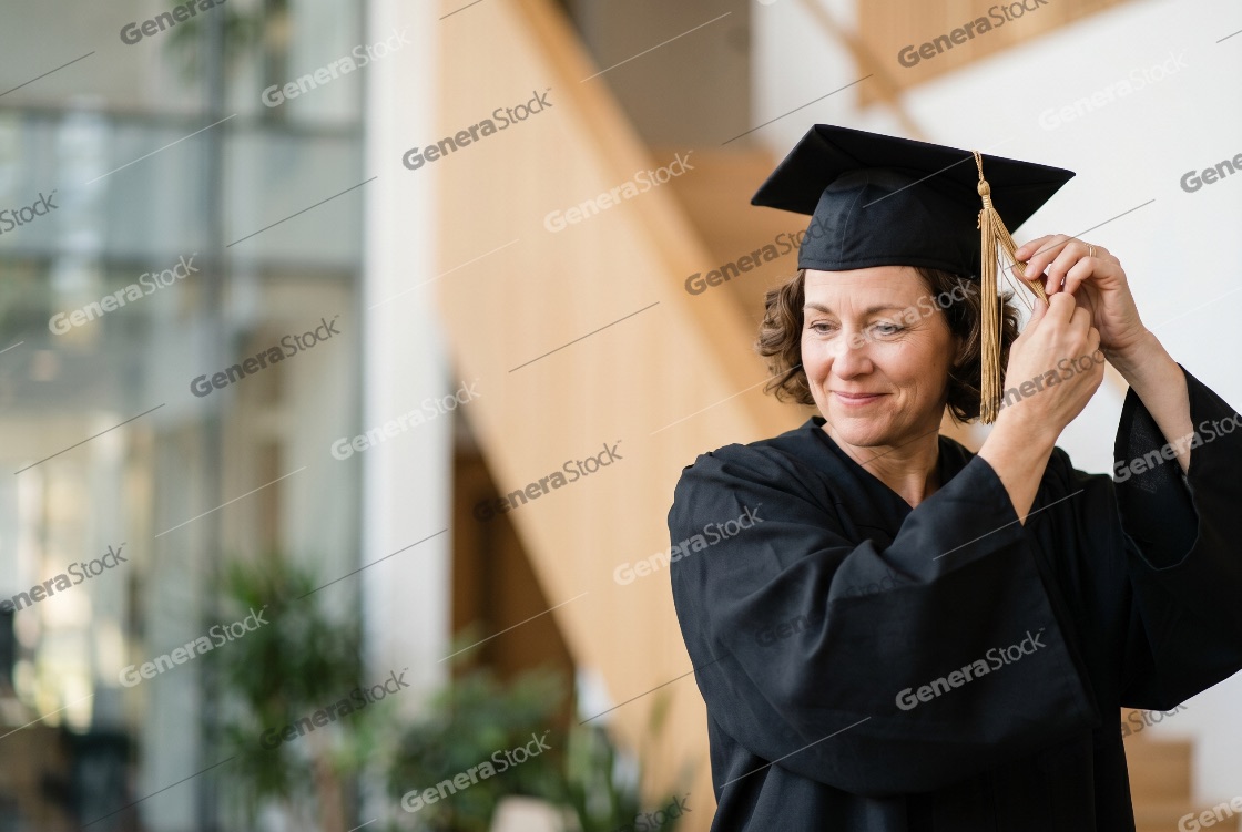 Proud Mature Woman in Graduation Gown and Cap Adjusting Tassel at University Commencement