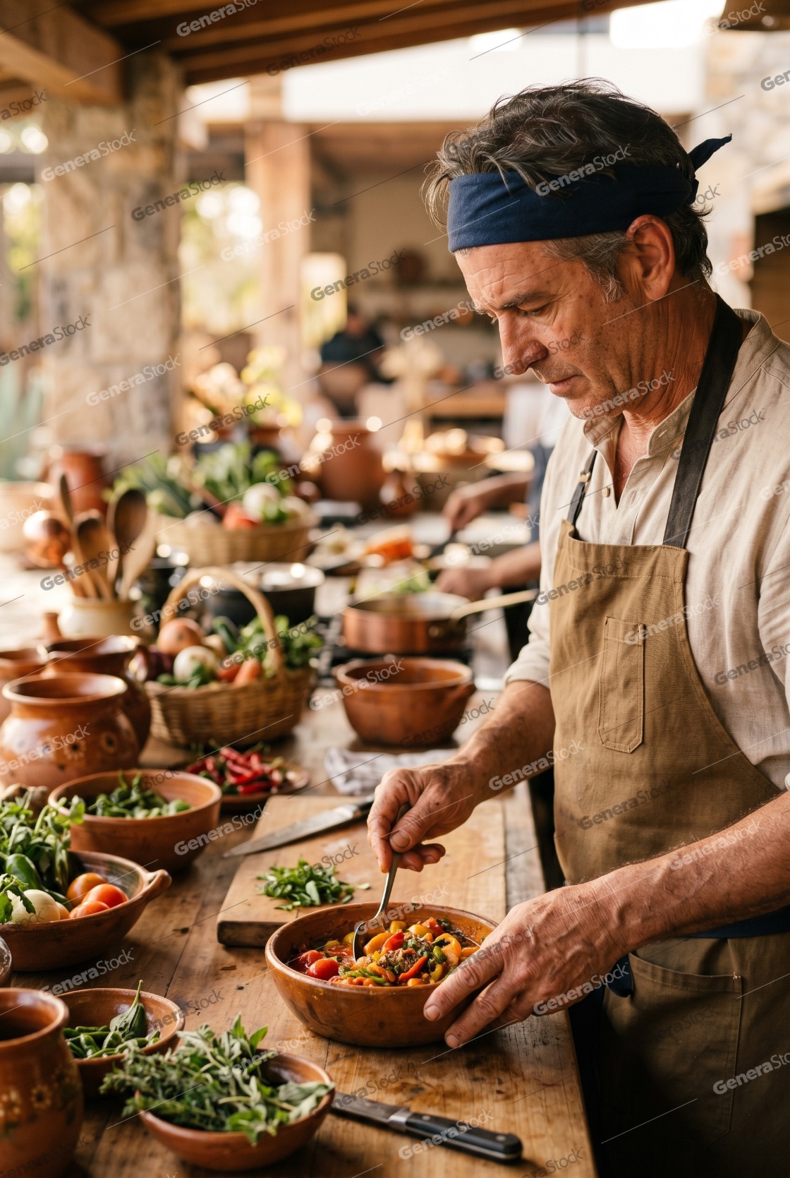 Professional male chef preparing fresh vegetable salad in a rustic outdoor kitchen with clay pots