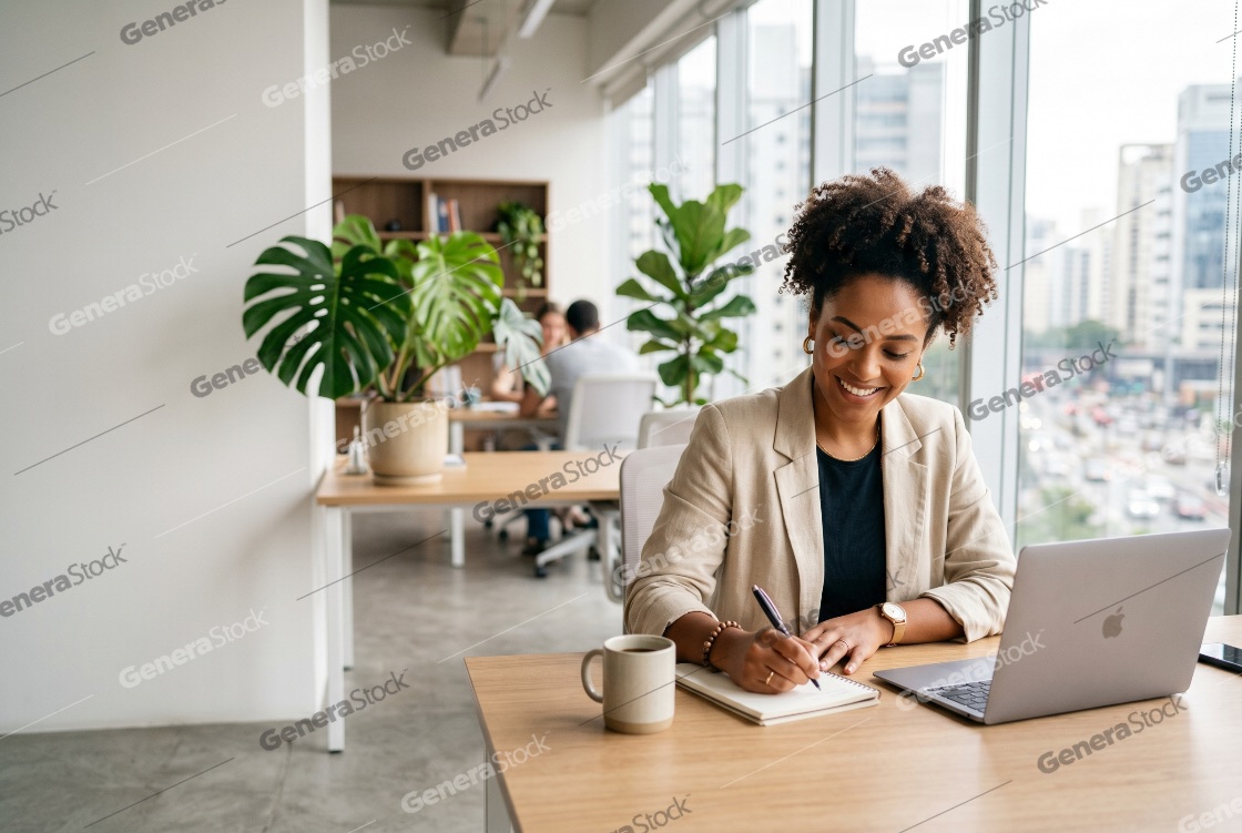 Smiling Black Businesswoman Writing in Notebook at Modern Office Desk with Laptop and City View