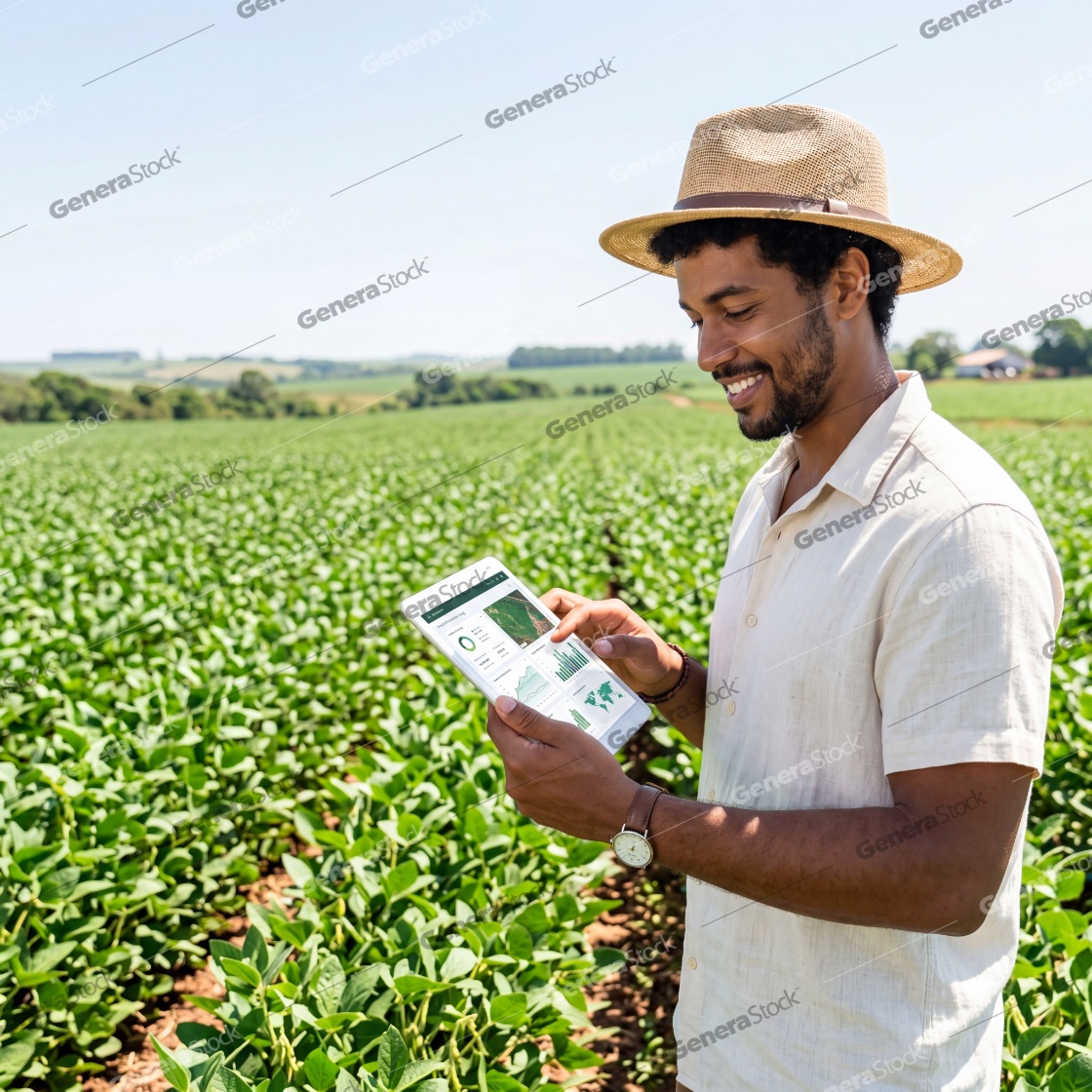 Modern Black Farmer Using Digital Tablet for Precision Agriculture in a Green Soybean Field