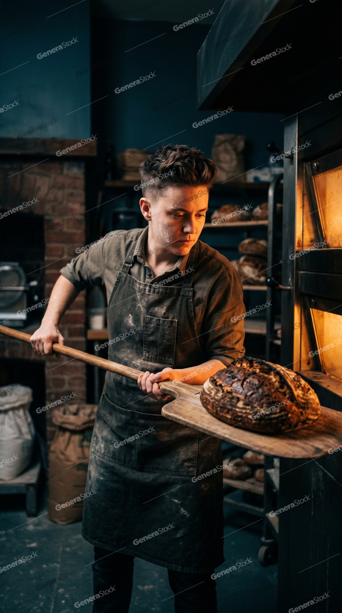 Professional young baker using a wooden peel to remove a freshly baked crusty sourdough loaf from a warm glowing oven in a traditional bakery